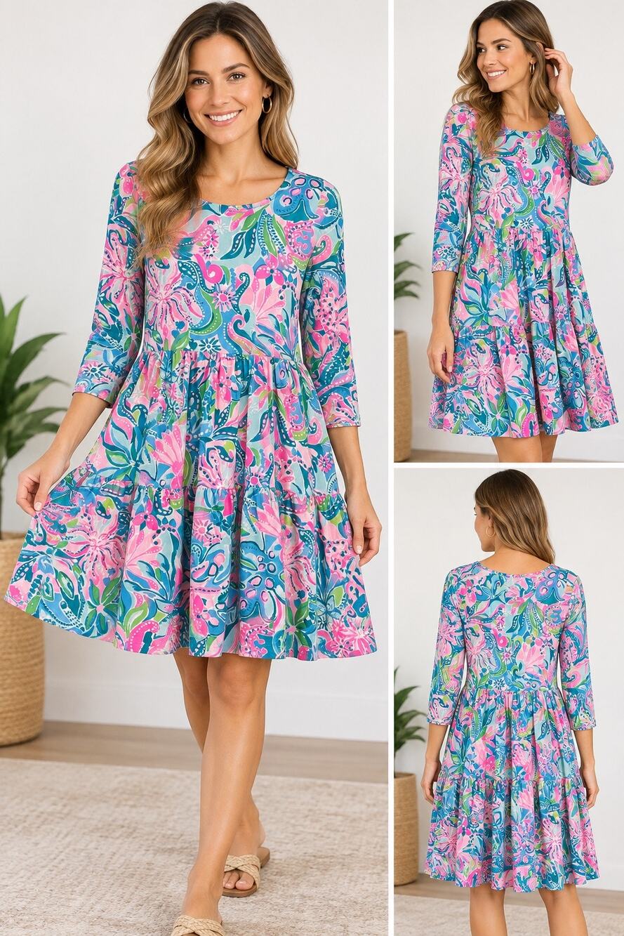 Lilly Pulitzer Blue Pink Geanna Swing Dress Size Medium Vibrant Floral Tiered